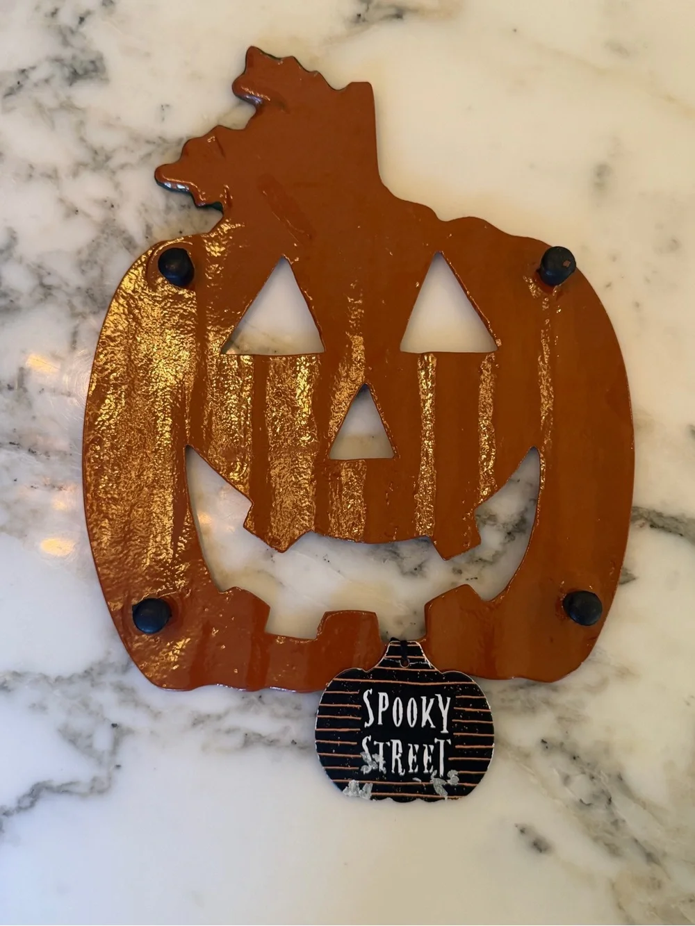 NWT Spooky Street rustic painted metal Jack O Lantern orange pumpkin trivet